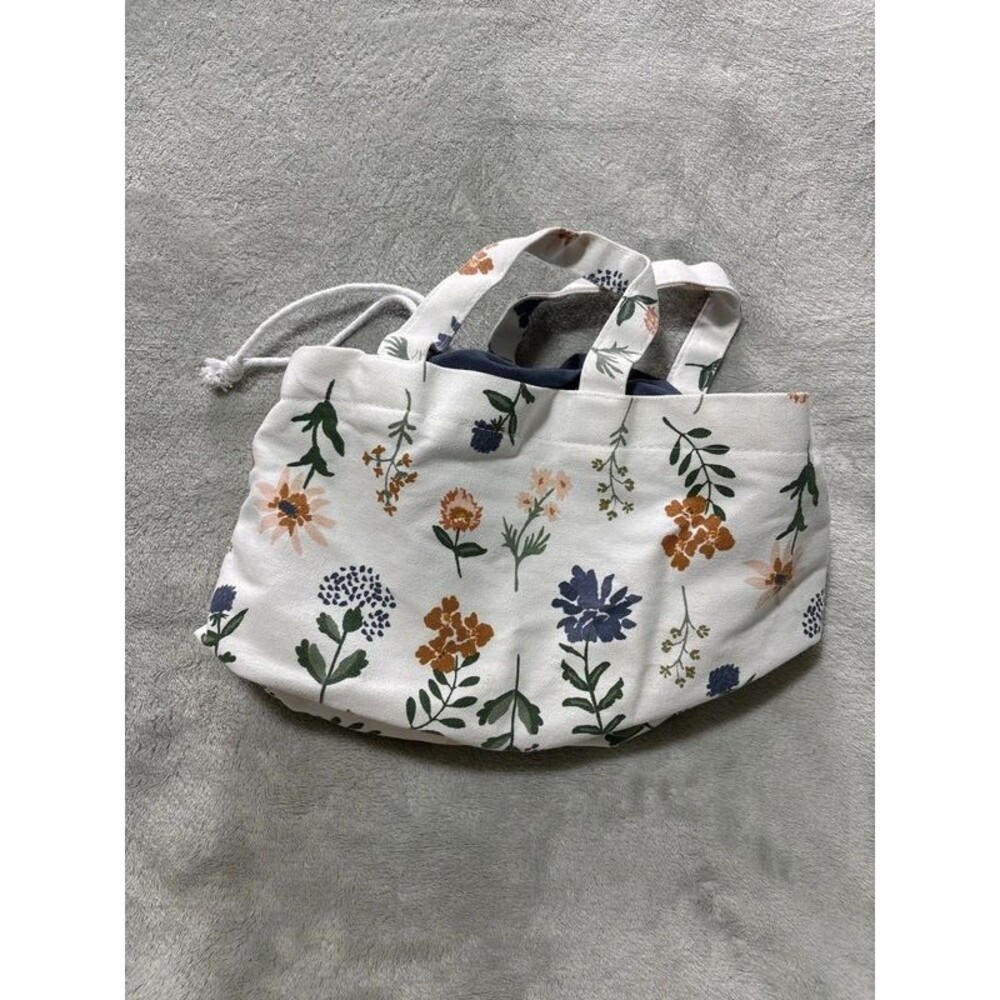 Canvas cotton tote bag white floral crochet knitting craft organizer cinch top
